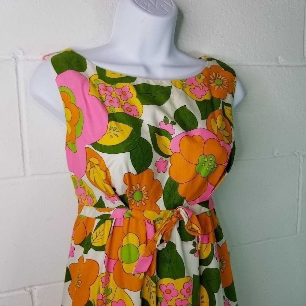 Vtg 60s bright floral hawaiian mod sleeveless maxi dress - Picture 7 of 8